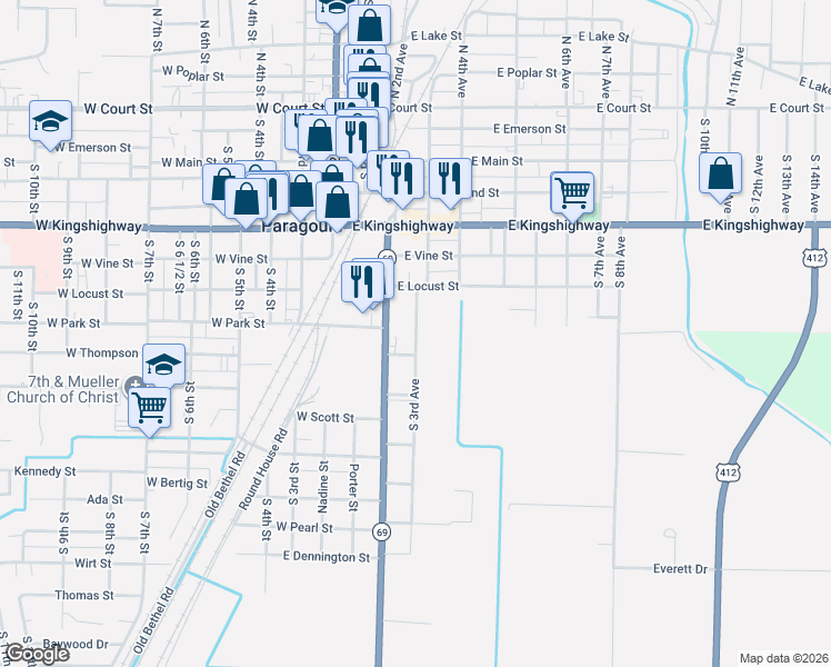 map of restaurants, bars, coffee shops, grocery stores, and more near 725 South 3rd Avenue in Paragould