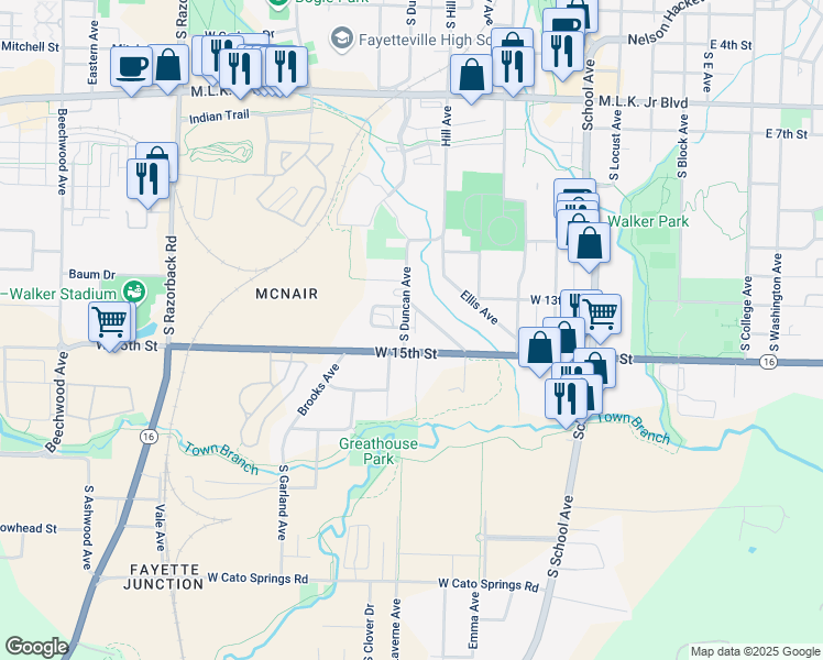 map of restaurants, bars, coffee shops, grocery stores, and more near 1390 South Duncan Avenue in Fayetteville
