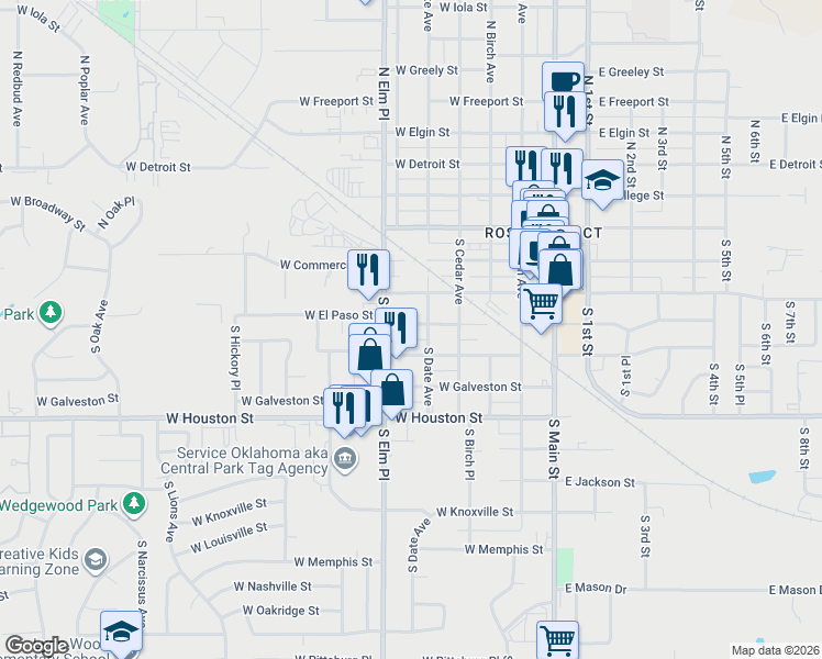 map of restaurants, bars, coffee shops, grocery stores, and more near 504 West El Paso Street in Broken Arrow