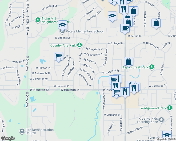 map of restaurants, bars, coffee shops, grocery stores, and more near 2621 West El Paso Street in Broken Arrow