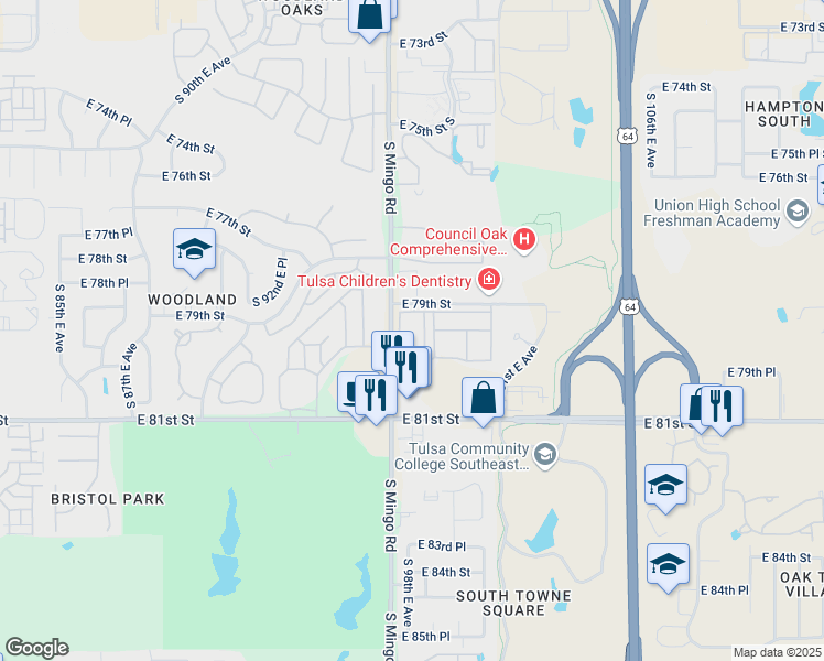 map of restaurants, bars, coffee shops, grocery stores, and more near 7902 South Mingo Road in Tulsa