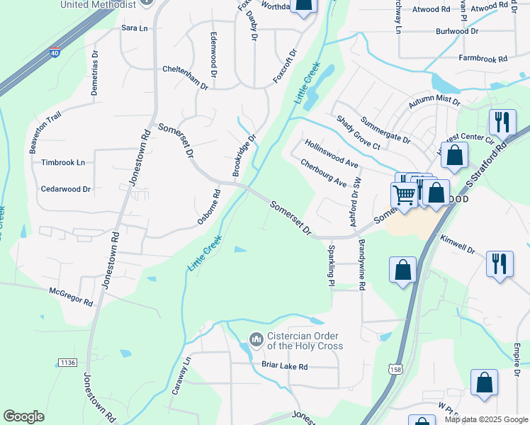 map of restaurants, bars, coffee shops, grocery stores, and more near 1305 Somerset Cove Drive in Winston-Salem