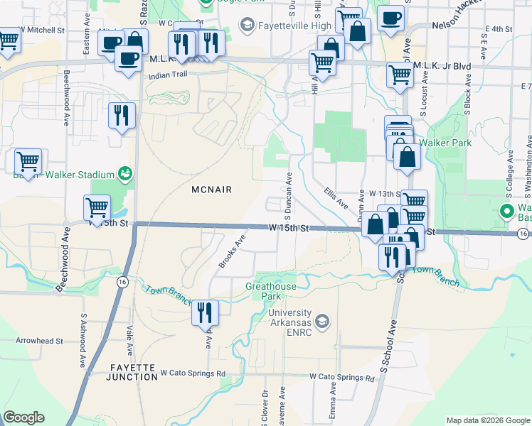 map of restaurants, bars, coffee shops, grocery stores, and more near 1327 South Duncan Avenue in Fayetteville