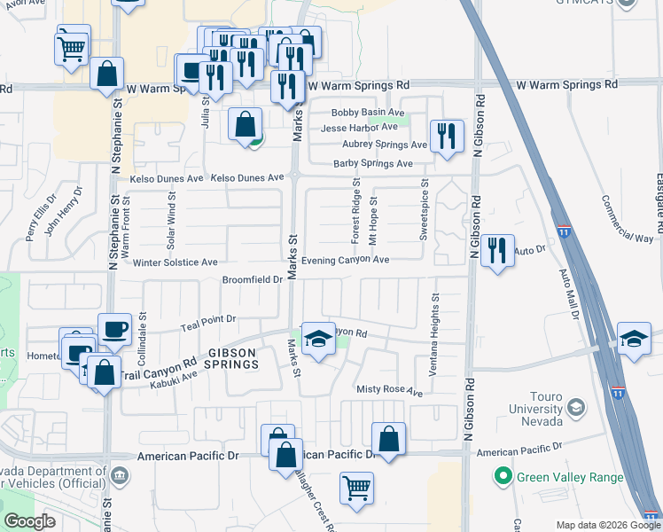 map of restaurants, bars, coffee shops, grocery stores, and more near 1222 Evening Canyon Avenue in Henderson