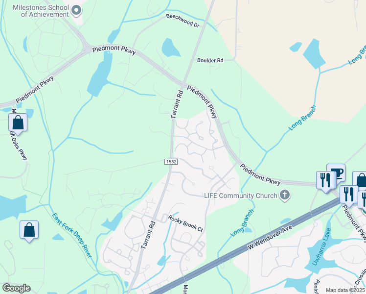 map of restaurants, bars, coffee shops, grocery stores, and more near 4408 Amethyst Court in Greensboro