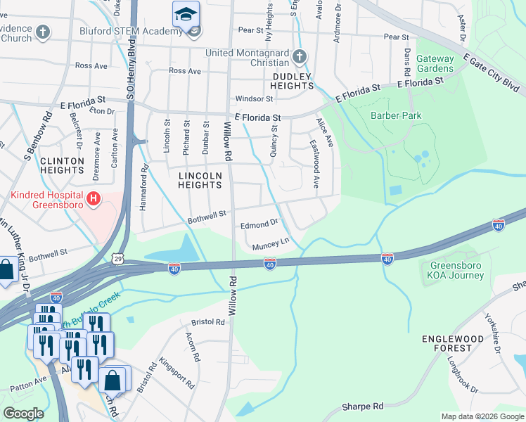 map of restaurants, bars, coffee shops, grocery stores, and more near 2204 Bothwell Street in Greensboro