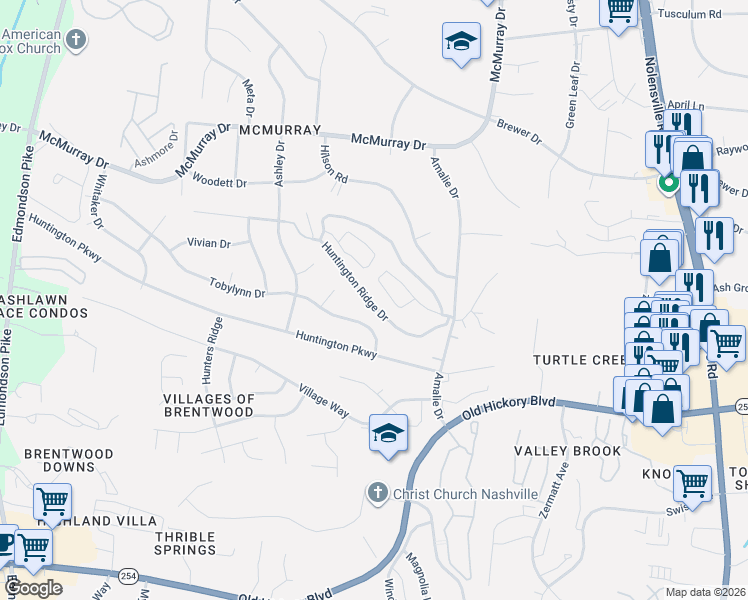 map of restaurants, bars, coffee shops, grocery stores, and more near 384 Huntington Ridge Drive in Nashville