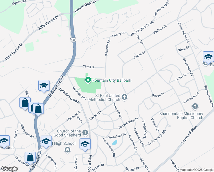 map of restaurants, bars, coffee shops, grocery stores, and more near 5608 Briercliff Road in Knoxville
