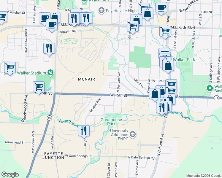 map of restaurants, bars, coffee shops, grocery stores, and more near 1327 South Duncan Avenue in Fayetteville