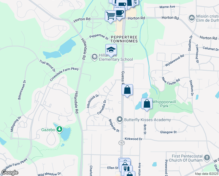 map of restaurants, bars, coffee shops, grocery stores, and more near 2 Justin Court in Durham