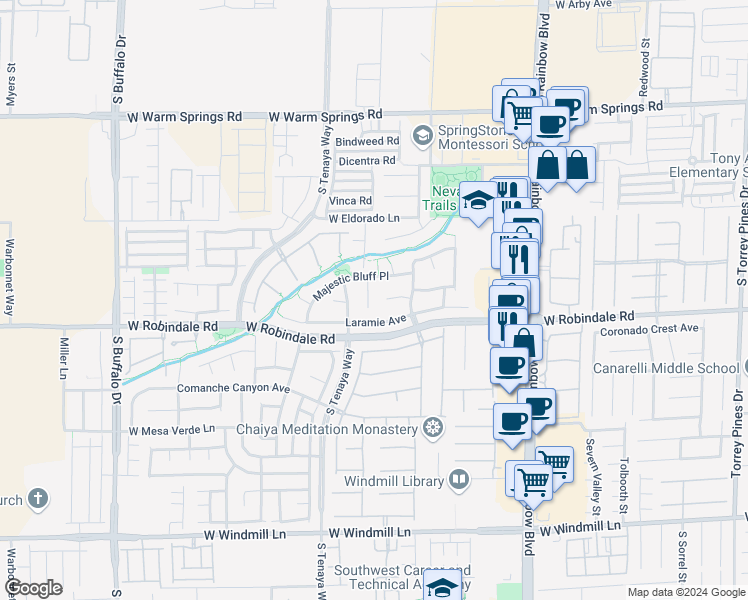 map of restaurants, bars, coffee shops, grocery stores, and more near 7662 Cascade Ridge Court in Las Vegas