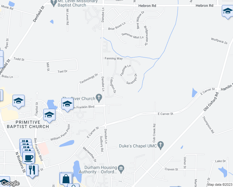 map of restaurants, bars, coffee shops, grocery stores, and more near 4106 Lillington Drive in Durham