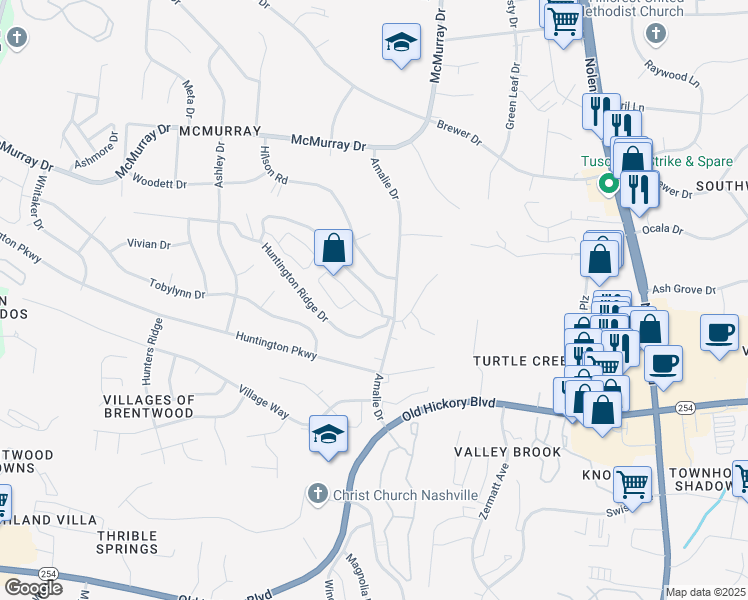 map of restaurants, bars, coffee shops, grocery stores, and more near 521 Huntington Ridge Drive in Nashville