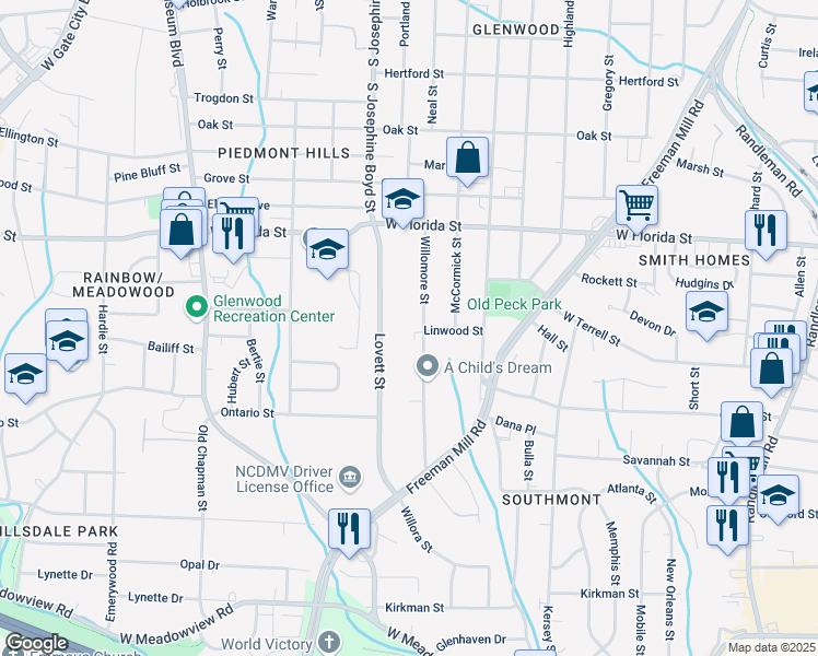 map of restaurants, bars, coffee shops, grocery stores, and more near 1547 Lovett Street in Greensboro