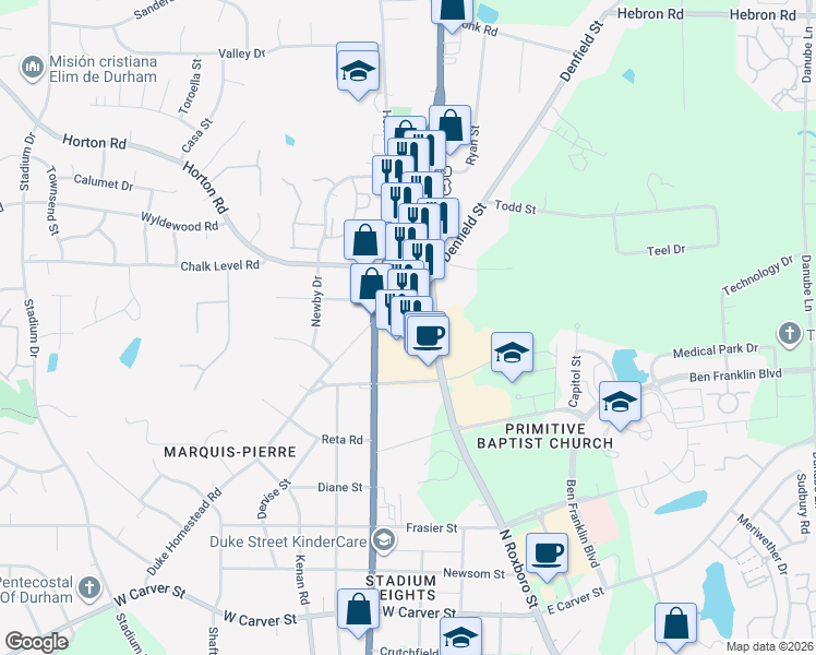 map of restaurants, bars, coffee shops, grocery stores, and more near 3600 North Duke Street in Durham