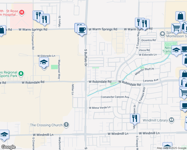 map of restaurants, bars, coffee shops, grocery stores, and more near 7742 West Trails Village Place in Las Vegas