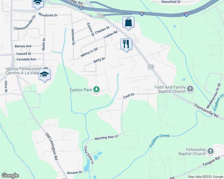 map of restaurants, bars, coffee shops, grocery stores, and more near 3362 Chevy Chase Street in Winston-Salem