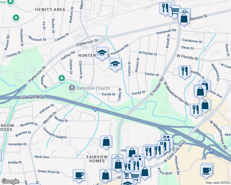 map of restaurants, bars, coffee shops, grocery stores, and more near 3502 Euclid Street in Greensboro