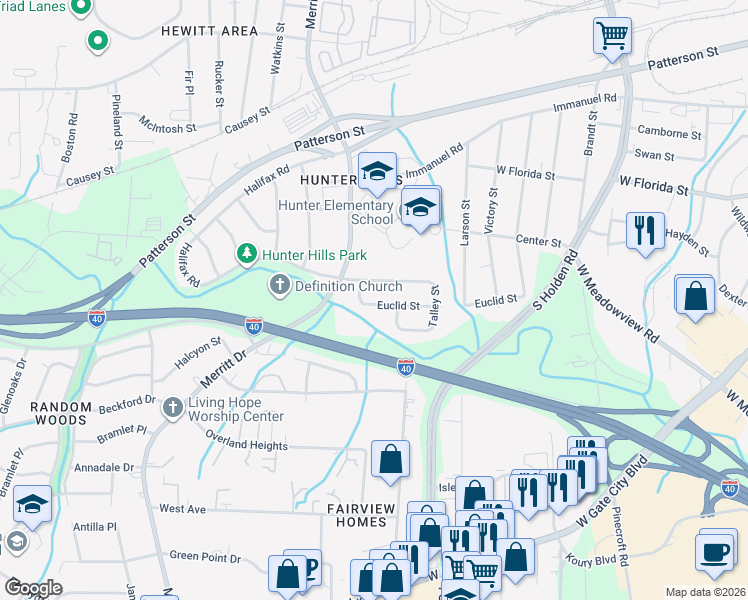 map of restaurants, bars, coffee shops, grocery stores, and more near 3607 Gentry Street in Greensboro