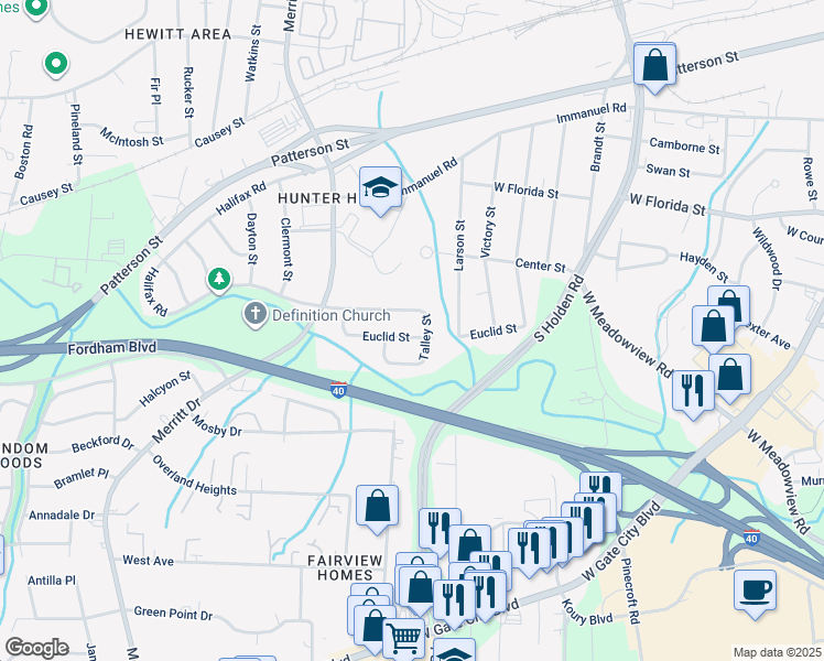 map of restaurants, bars, coffee shops, grocery stores, and more near 3502 Euclid Street in Greensboro