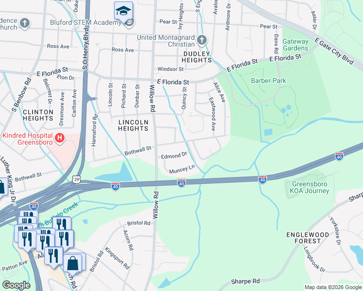 map of restaurants, bars, coffee shops, grocery stores, and more near 2204 Bothwell Street in Greensboro