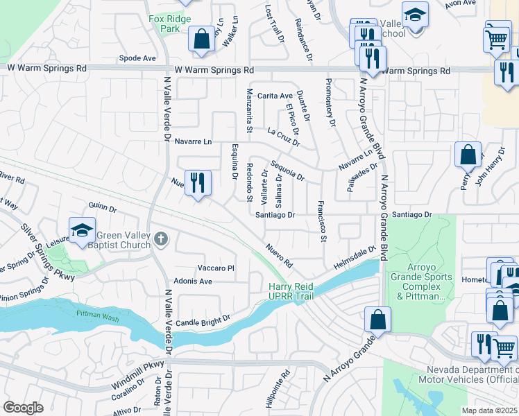 map of restaurants, bars, coffee shops, grocery stores, and more near 303 Vallarte Drive in Henderson