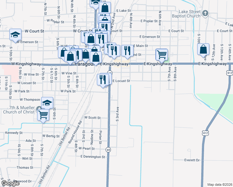 map of restaurants, bars, coffee shops, grocery stores, and more near 725 South 3rd Avenue in Paragould