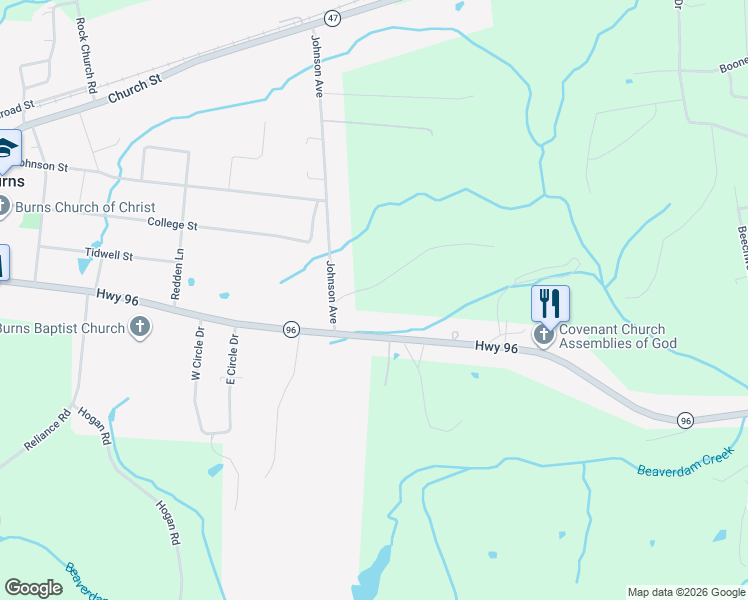 map of restaurants, bars, coffee shops, grocery stores, and more near 110 Fulgem Cemetery Road in Burns