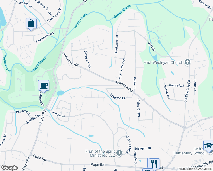 map of restaurants, bars, coffee shops, grocery stores, and more near Virginia Branch Road in Winston-Salem