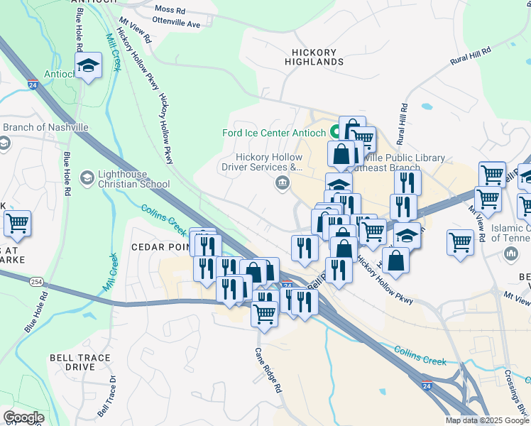 map of restaurants, bars, coffee shops, grocery stores, and more near 5200 Hickory Hollow Parkway in Nashville