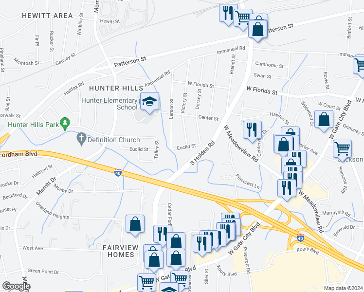 map of restaurants, bars, coffee shops, grocery stores, and more near 3304 Euclid Street in Greensboro