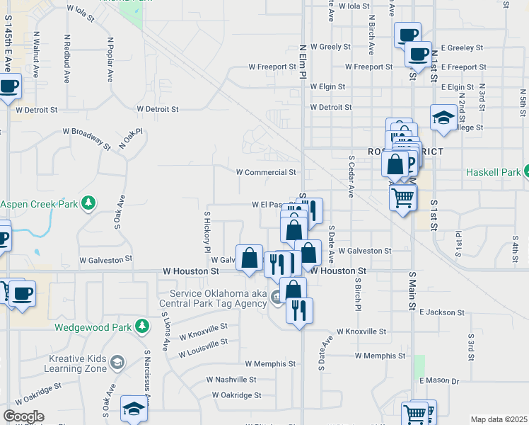 map of restaurants, bars, coffee shops, grocery stores, and more near 305 South Fern Place in Broken Arrow