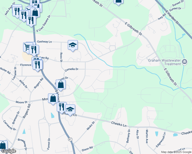 map of restaurants, bars, coffee shops, grocery stores, and more near 600 Old Farm Road in Graham