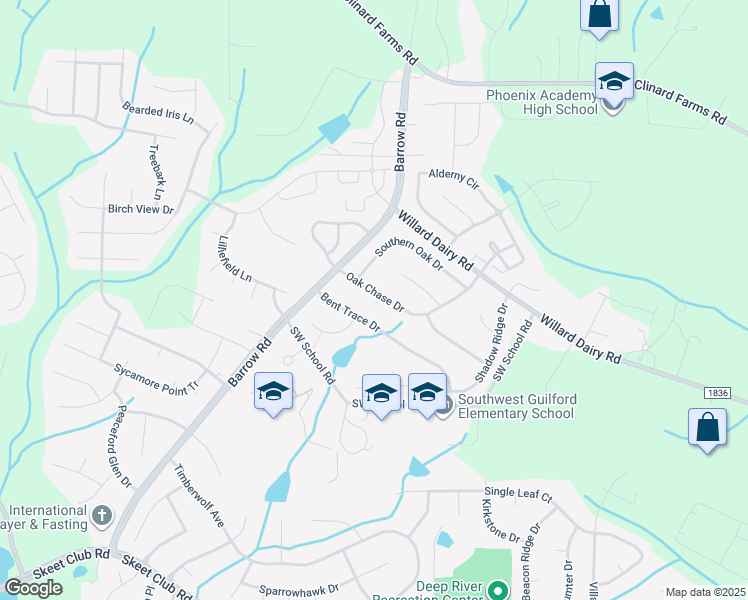 map of restaurants, bars, coffee shops, grocery stores, and more near 3624 Oak Chase Drive in High Point