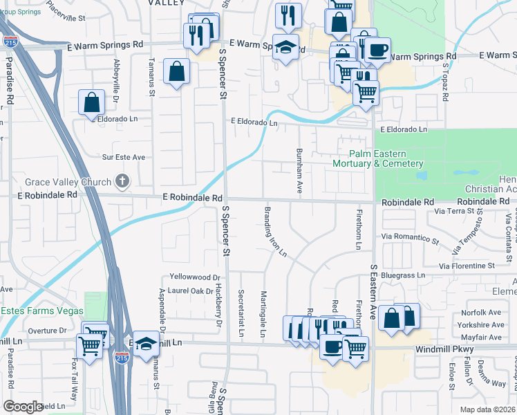 map of restaurants, bars, coffee shops, grocery stores, and more near 1955 East Robindale Road in Las Vegas