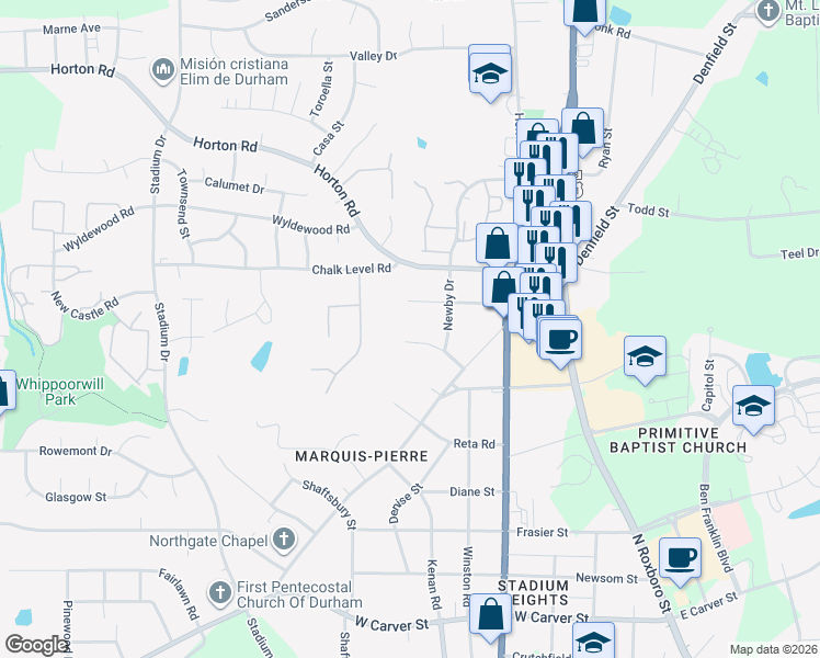 map of restaurants, bars, coffee shops, grocery stores, and more near 716 Ferris Road in Durham