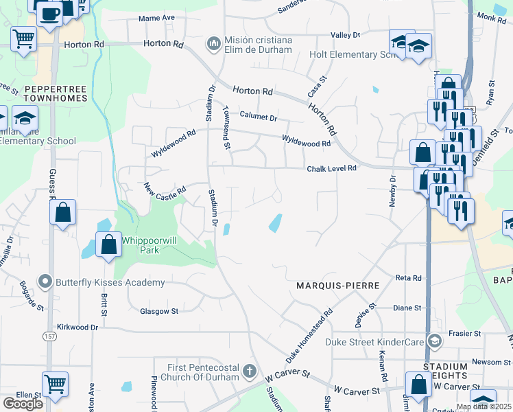 map of restaurants, bars, coffee shops, grocery stores, and more near 1107 Chalk Level Road in Durham