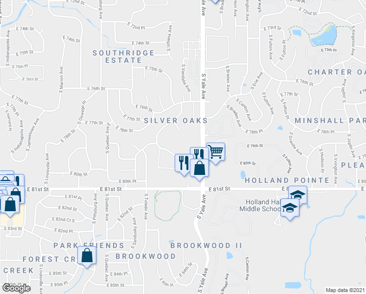 map of restaurants, bars, coffee shops, grocery stores, and more near 4707 East 80th Street in Tulsa
