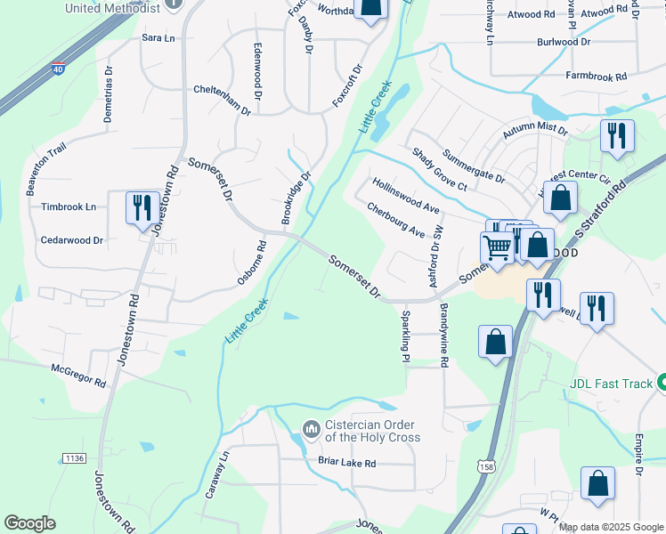 map of restaurants, bars, coffee shops, grocery stores, and more near 1305 Somerset Cove Drive in Winston-Salem
