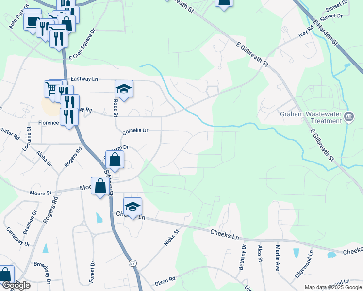 map of restaurants, bars, coffee shops, grocery stores, and more near 600 Old Farm Road in Graham