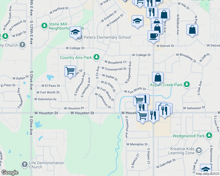 map of restaurants, bars, coffee shops, grocery stores, and more near 2621 West El Paso Street in Broken Arrow