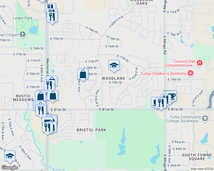 map of restaurants, bars, coffee shops, grocery stores, and more near 7932 South 90th East Avenue in Tulsa