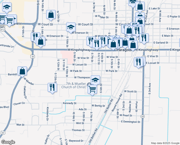 map of restaurants, bars, coffee shops, grocery stores, and more near 706 W Park St in Paragould