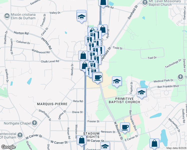 map of restaurants, bars, coffee shops, grocery stores, and more near 3600 North Duke Street in Durham