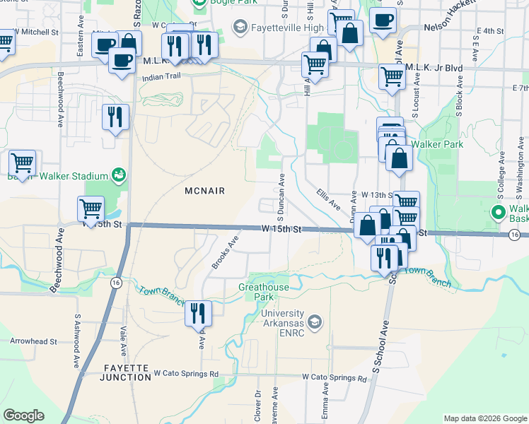 map of restaurants, bars, coffee shops, grocery stores, and more near 1327 South Duncan Avenue in Fayetteville