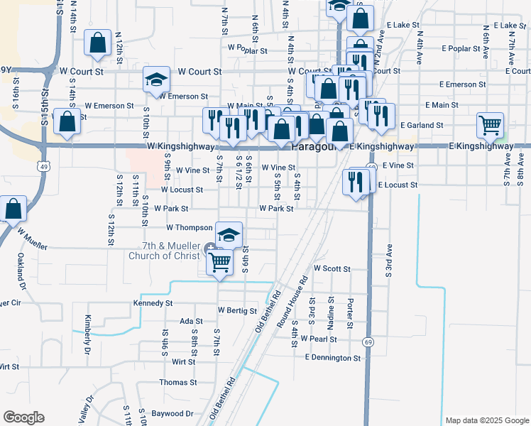 map of restaurants, bars, coffee shops, grocery stores, and more near 512 West Park Street in Paragould