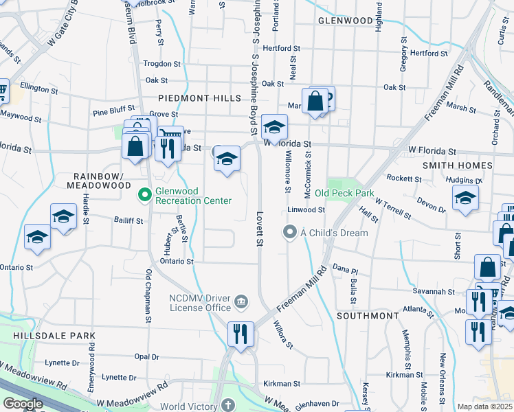 map of restaurants, bars, coffee shops, grocery stores, and more near 1548 Lovett Street in Greensboro