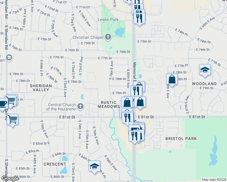 map of restaurants, bars, coffee shops, grocery stores, and more near 7809 East 79th Place in Tulsa