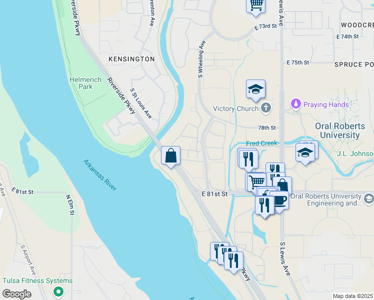 map of restaurants, bars, coffee shops, grocery stores, and more near 1702 East 79th Place in Tulsa