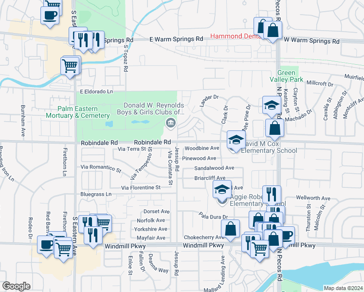 map of restaurants, bars, coffee shops, grocery stores, and more near 2752 Woodbine Avenue in Henderson